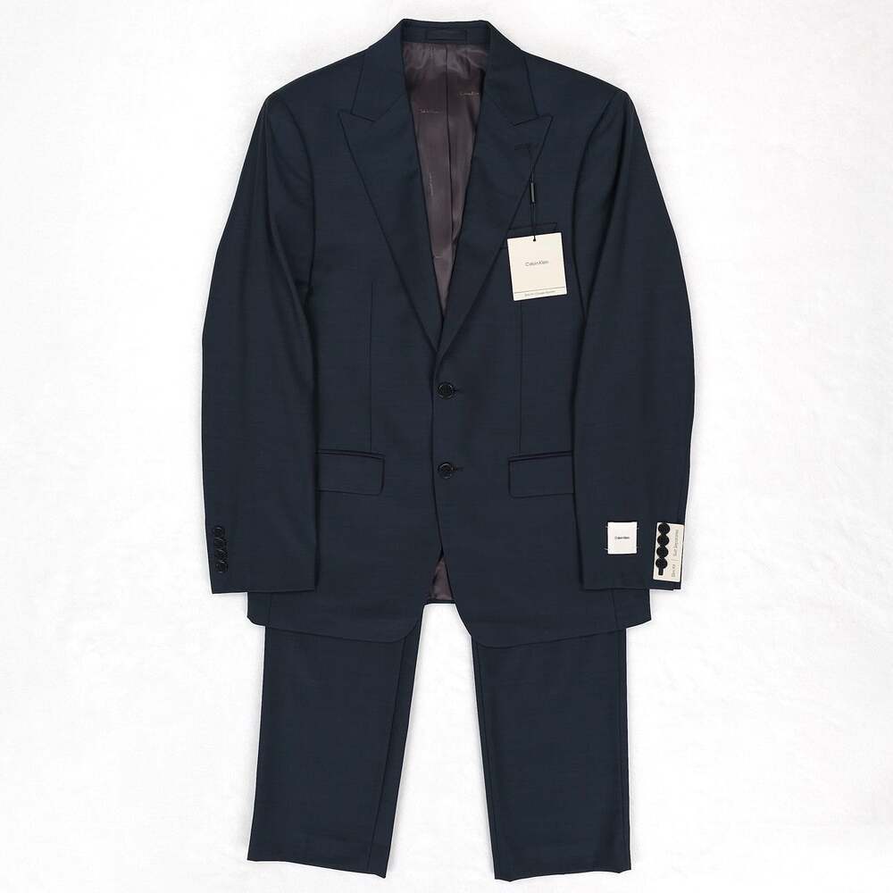 Calvin Klein Mens Slim Fit 2 Piece Suit 36S 30x30 Dark Green Solid Stretch Wool